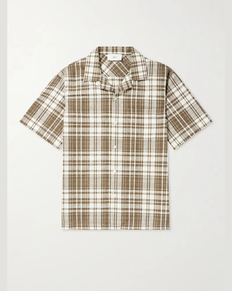 MR P. Camp-Collar Checked Textured-Cotton Shirt Brown