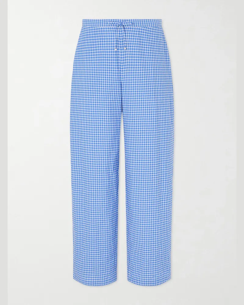 Loewe Paula Ibiza Straight-Leg Anagram-Embroidered Checked Cotton-Poplin Trousers Blue
