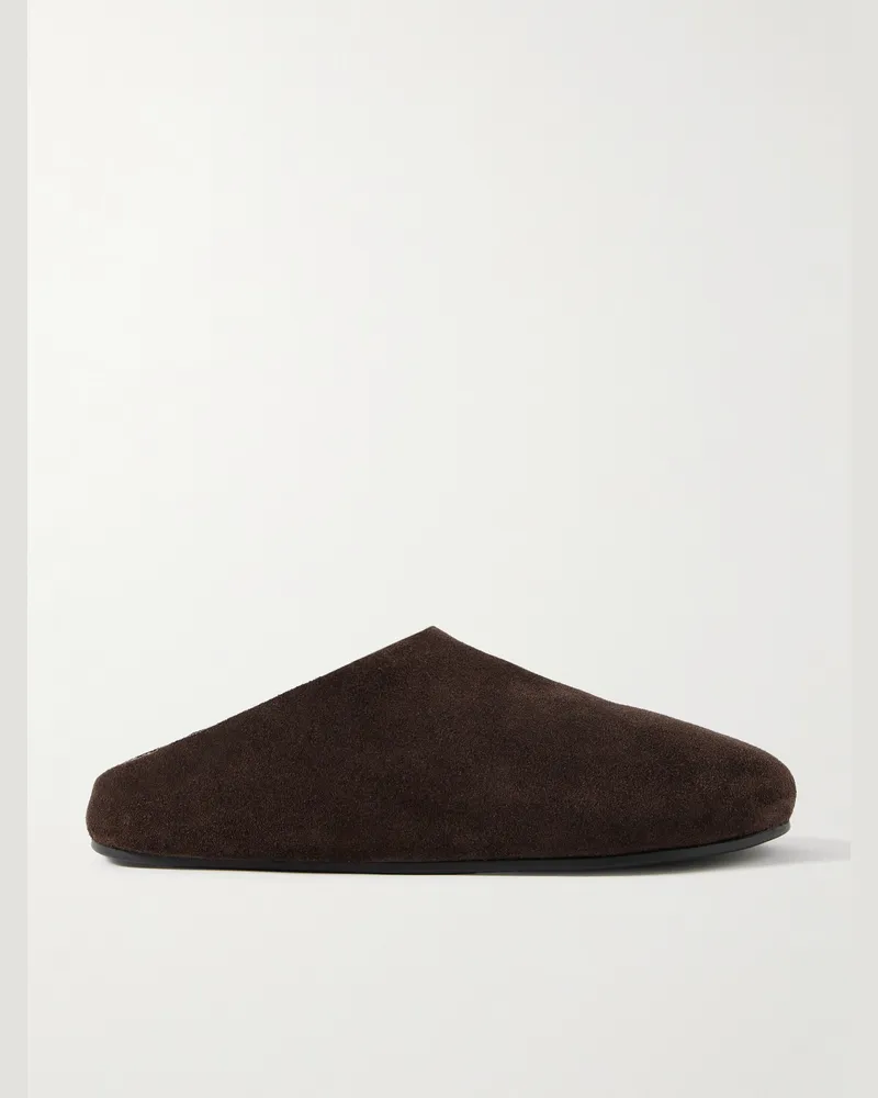 The Row Hudson Slippers aus Veloursleder mit Shearling-Futter Braun