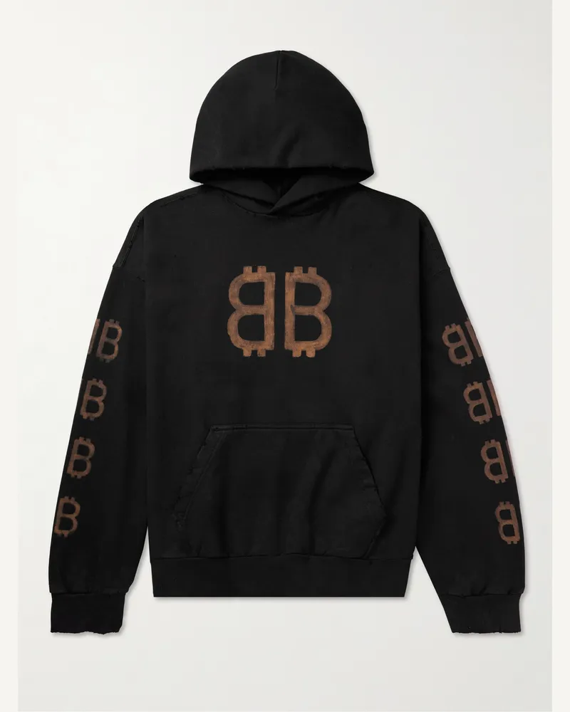 Balenciaga Crypto Logo-Print Bleached Cotton-Jersey Hoodie Black