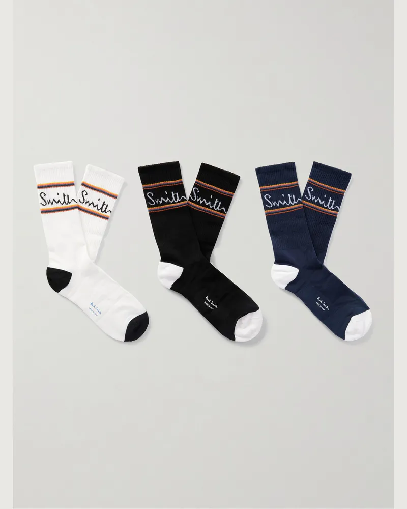 Paul Smith Set aus drei Paar Socken aus Jacquard-Strick aus einer Baumwollmischung mit Logomotiv und Streifen Weiß