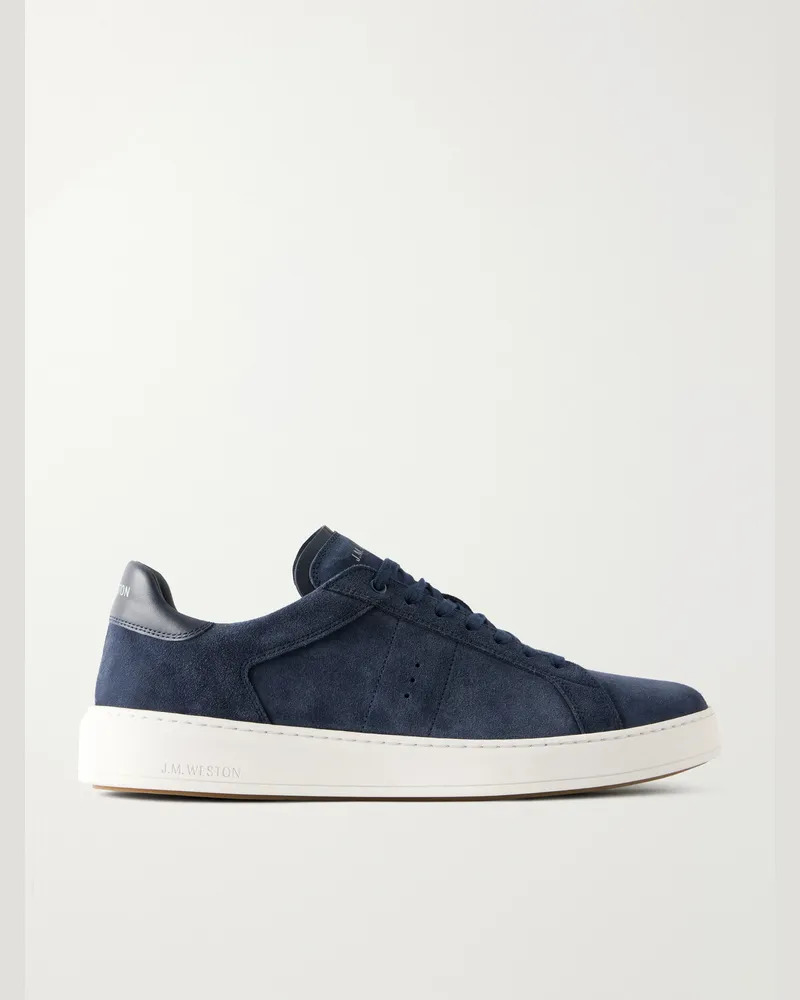 JM Weston On Time Leather-Trimmed Suede Sneakers Blue