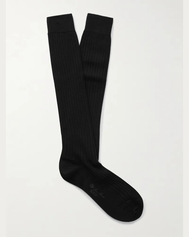 Loro Piana Sottile Socken aus einer Mischung aus Wolle, Kaschmir und Seide in Rippstrick Schwarz