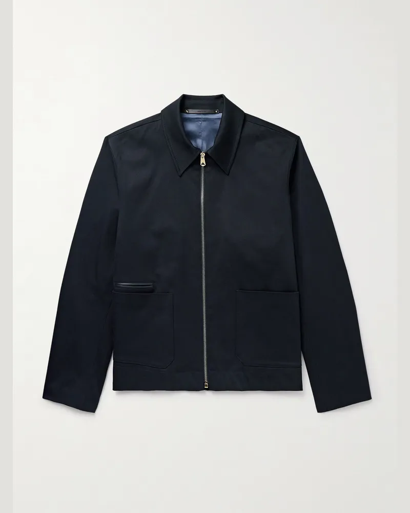 Paul Smith Leather-Trimmed Cotton-Blend Twill Harrington Jacket Blue
