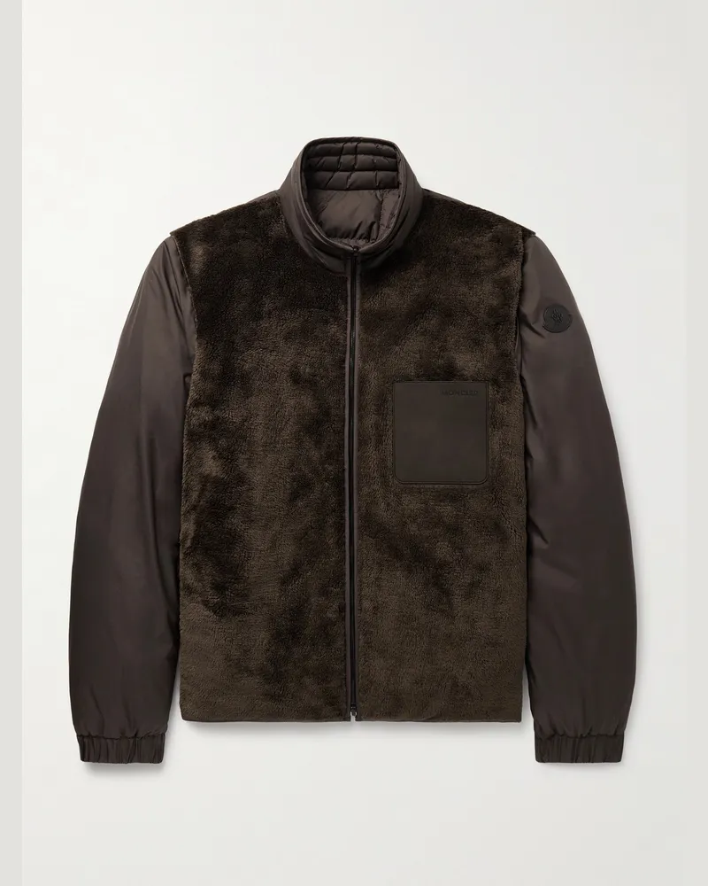 Moncler Livra wendbare Daunenjacke aus „Airsoft“-Material mit Besatz aus Fleece und Nubukleder Braun