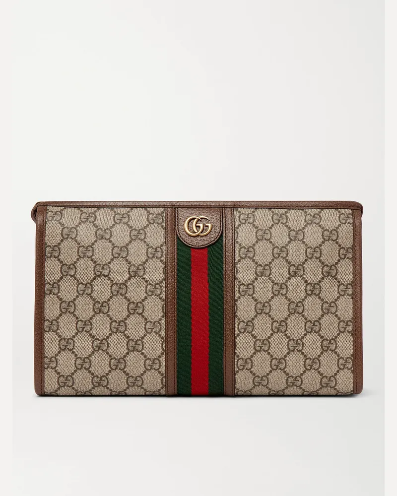 Gucci Ophidia Kulturbeutel aus beschichtetem Canvas mit Logomuster, Lederbesatz und Webband Braun