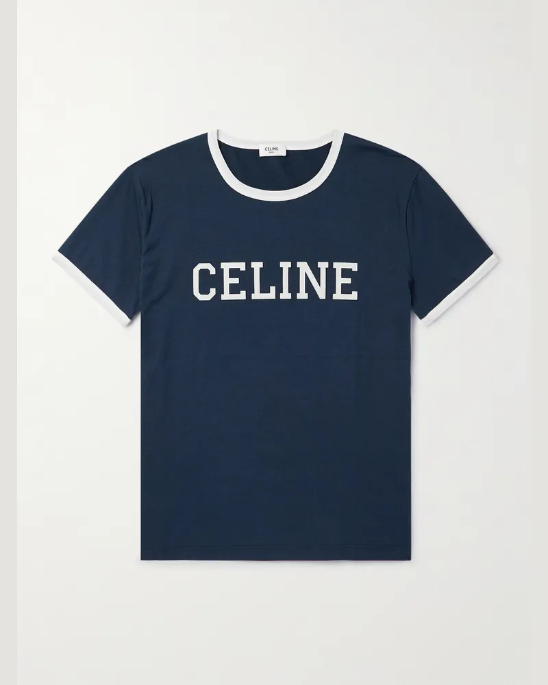 Celine Verkürztes T-Shirt aus Baumwoll-Jersey mit Logoapplikation Blau