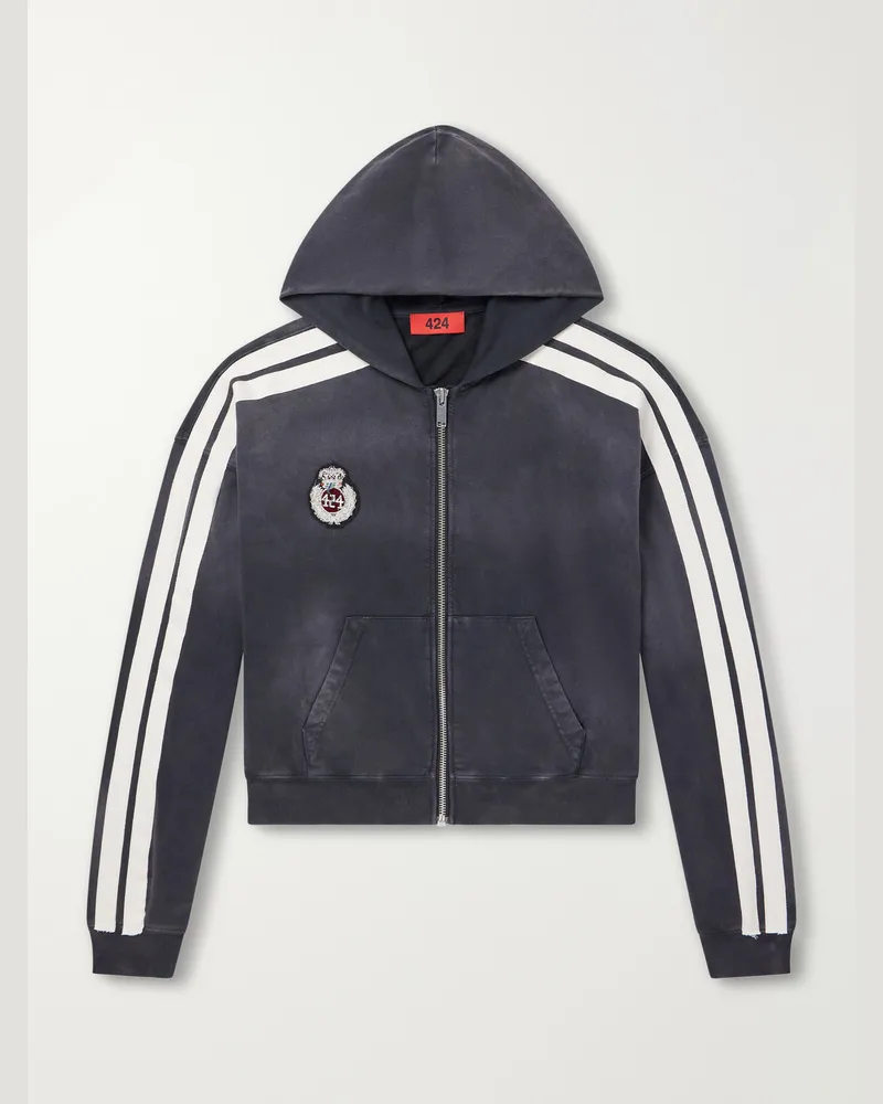 FourTwoFour on Fairfax Logo-Embroidered Distressed Cotton-Jersey Zip-Up Hoodie Black