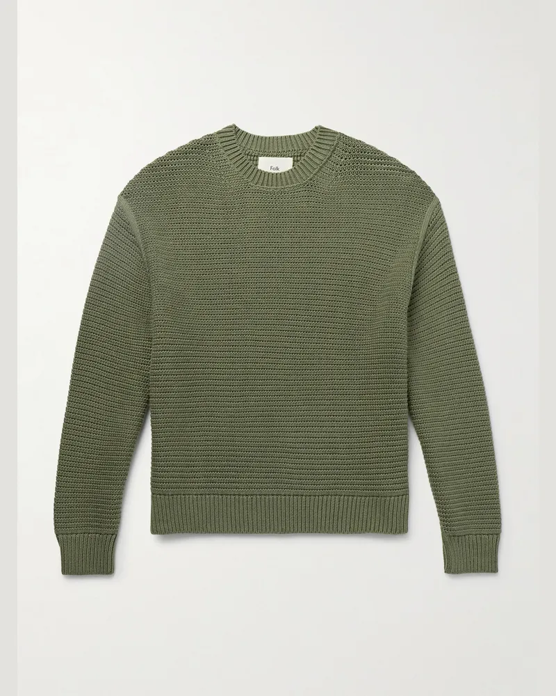 Folk Pullover aus Baumwolle in Rippstrick Grün