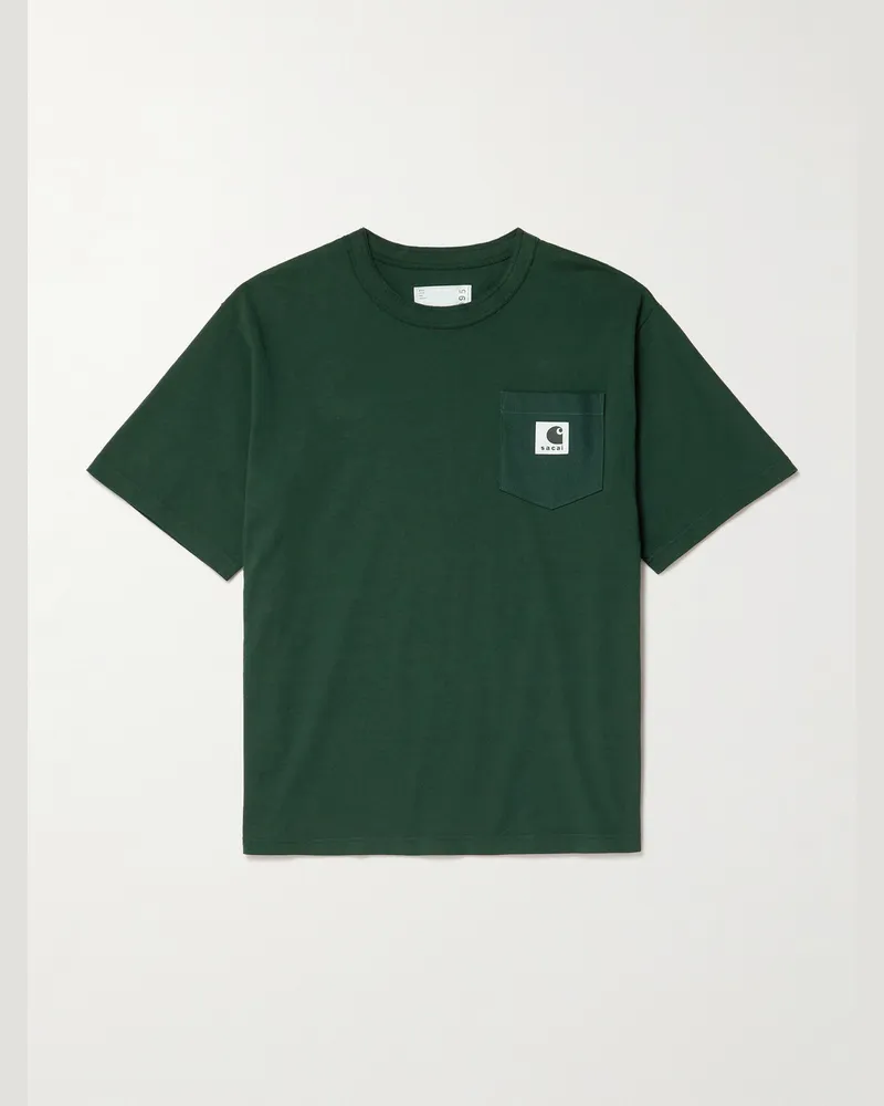 Sacai Carhartt WIP T-Shirt aus Baumwoll-Jersey mit Canvas-Besatz und Logoapplikation Grün
