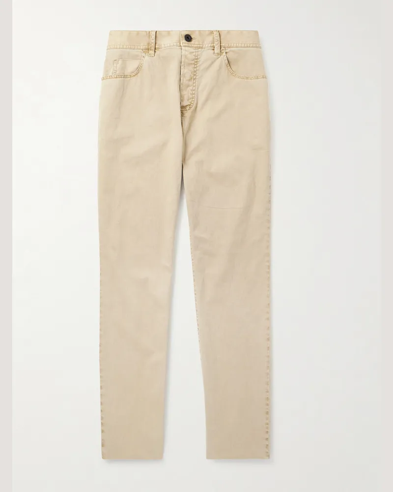 James Perse Slim-Fit Straight-Leg Brushed Cotton-Blend Twill Trousers Neutrals