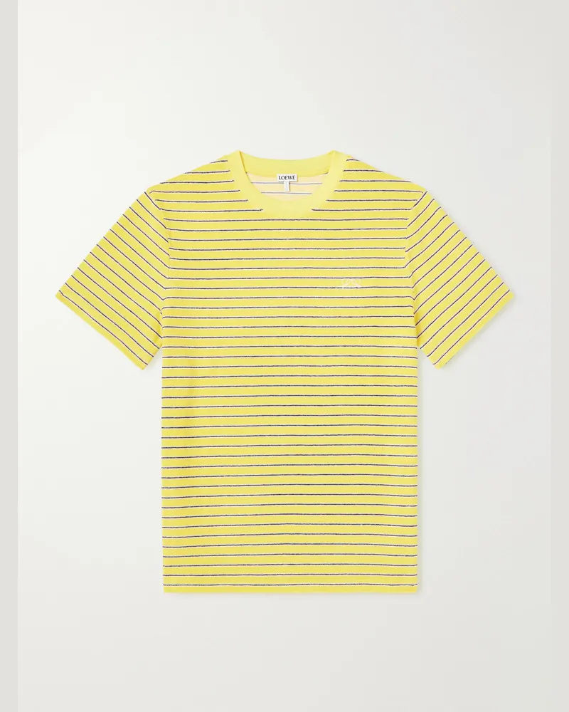 Loewe Logo-Embroidered Striped Cotton-Blend Terry T-Shirt Yellow