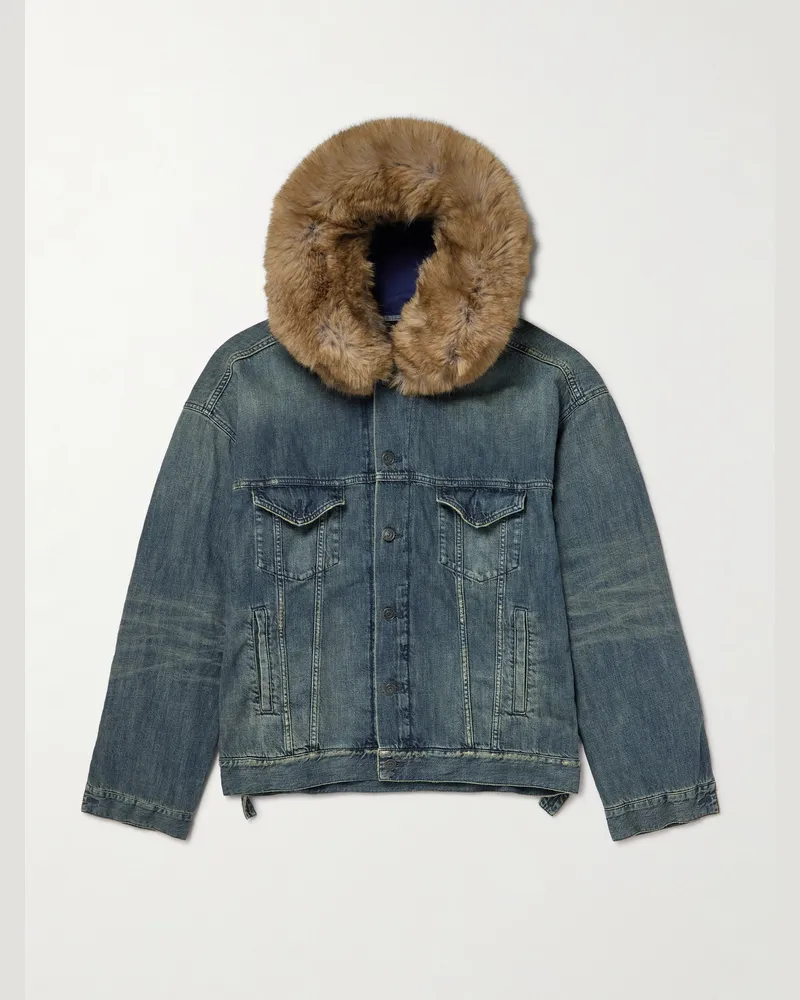Balenciaga Jeansjacke mit Kapuze und Besatz aus Plüschmaterial Blau