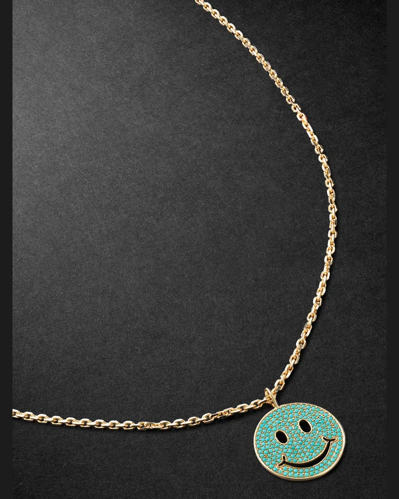 Sydney Evan XL Happy Face Gold Turquoise Pendant Necklace Blue