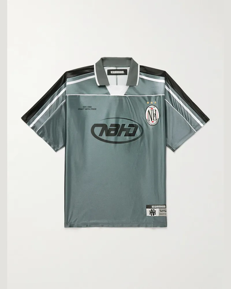 Neighborhood Game Appliquéd Logo-Print Striped Satin Polo Shirt Gray