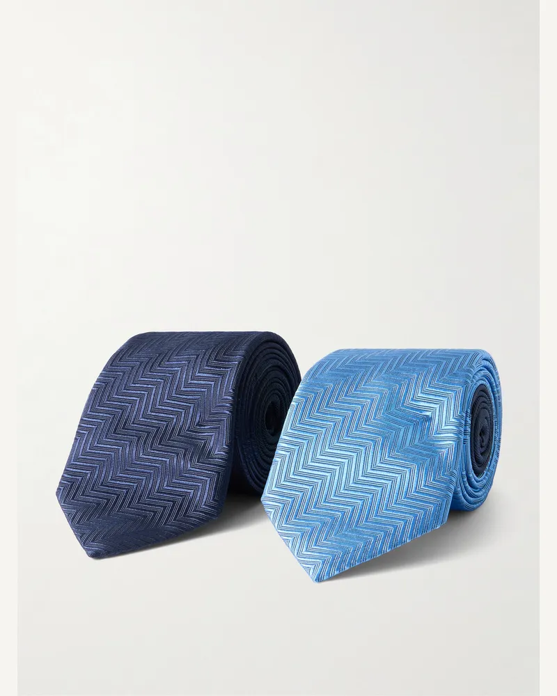 Missoni Set aus zwei Krawatten aus gestreiftem Seiden-Jacquard, 7 cm Blau