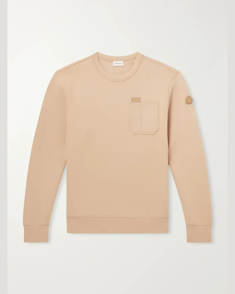 Moncler Logo-Appliqué Leather-Trimmed Cotton-Blend Jersey Sweatshirt Neutrals
