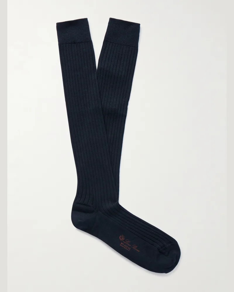Loro Piana Sottile Socken aus einer Mischung aus Wolle, Kaschmir und Seide in Rippstrick Blau