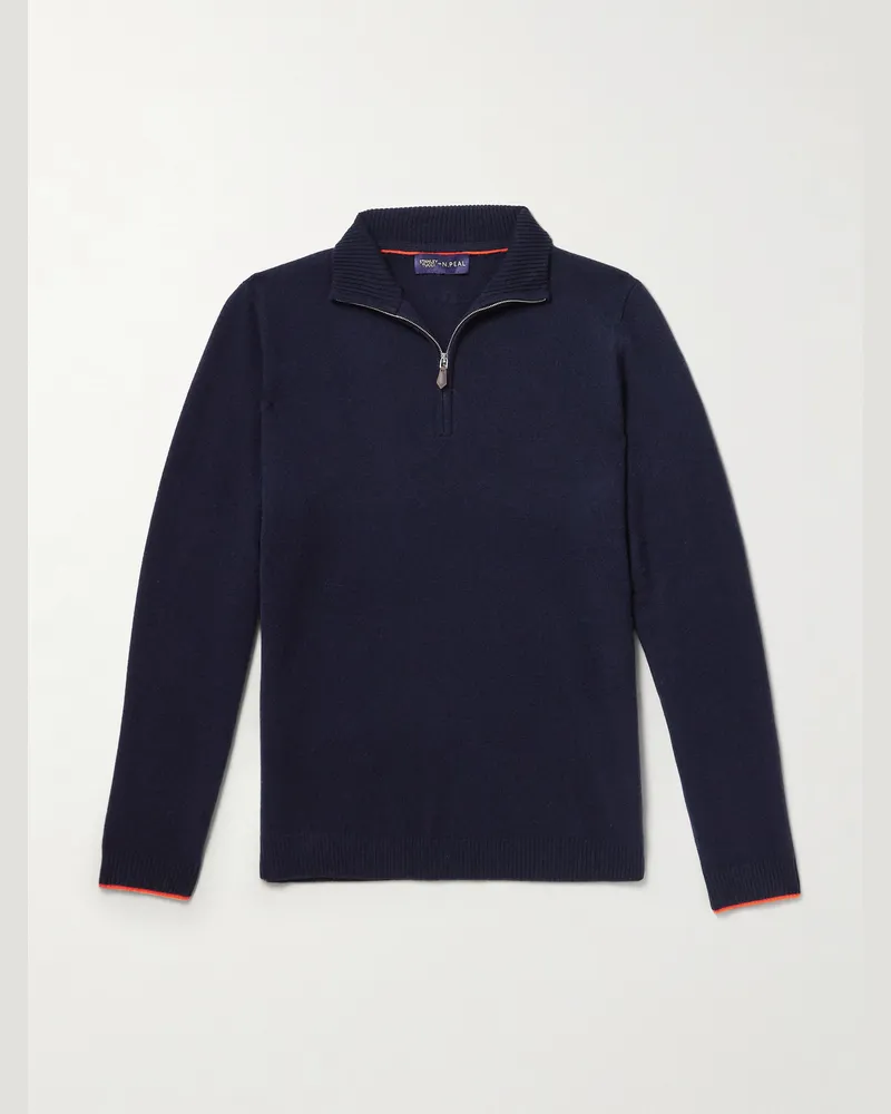 N.Peal Stanley Tucci Leather-Trimmed Cashmere Half-Zip Sweater Blue
