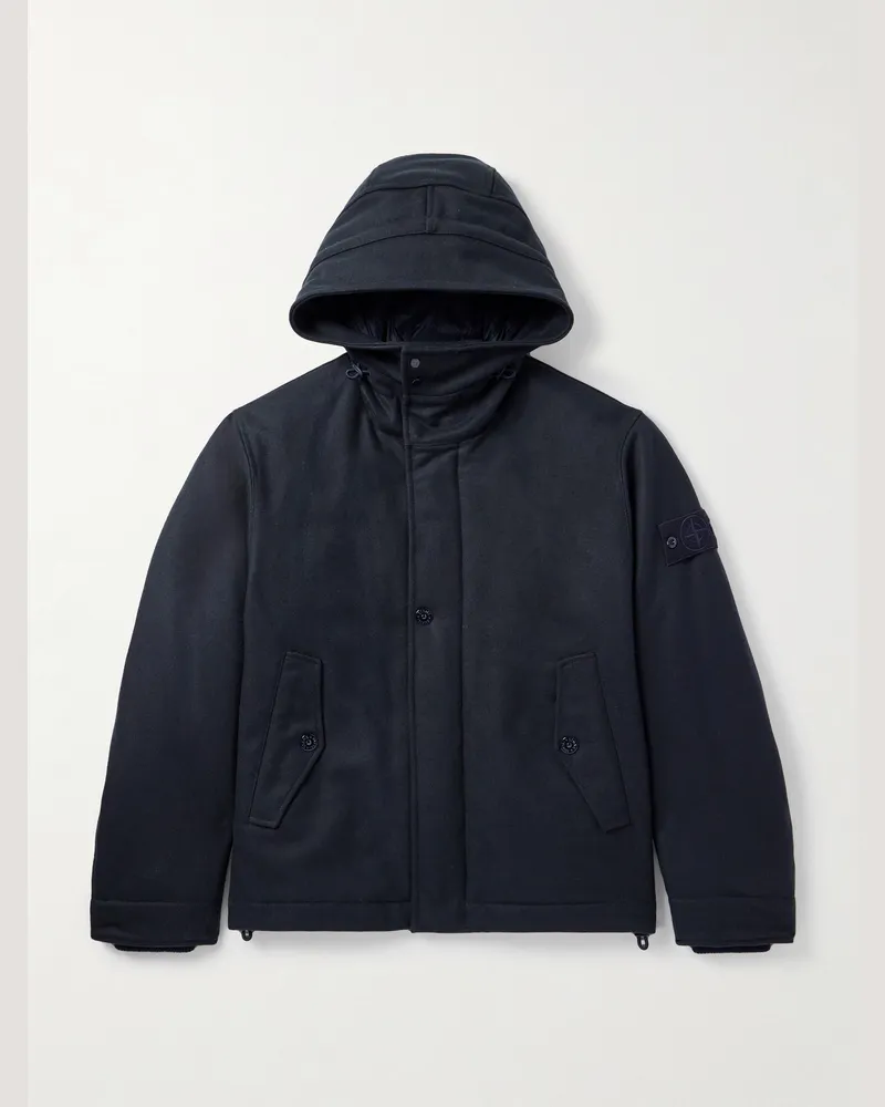 Stone Island Ghost Logo-Appliquéd Padded Virgin Wool-Blend Flannel Hooded Parka Blue