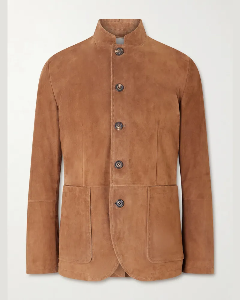 Eleventy Slim-Fit Mandarin Collar Suede Jacket Brown