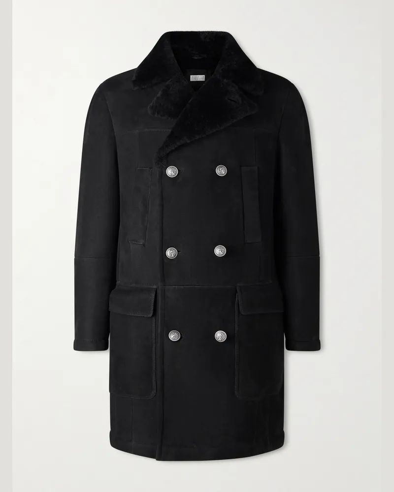 Brunello Cucinelli Doppelreihiger Mantel aus Shearling Schwarz
