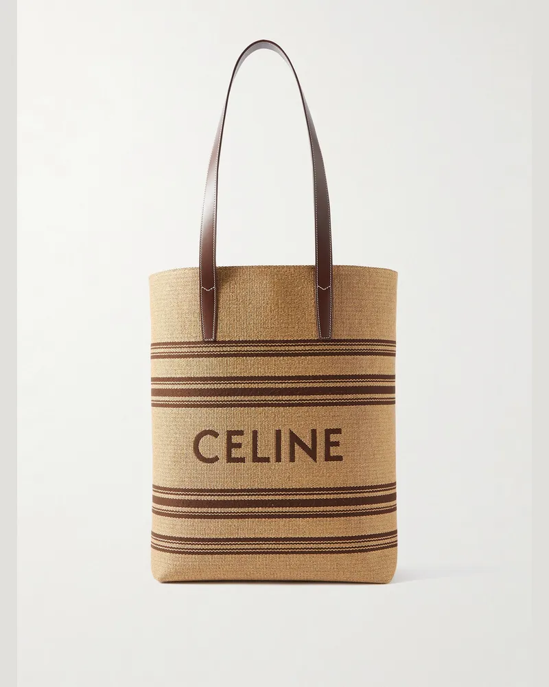 Celine Gestreifte Tote aus Raffiabast mit Lederbesatz und Logostickerei Neutral