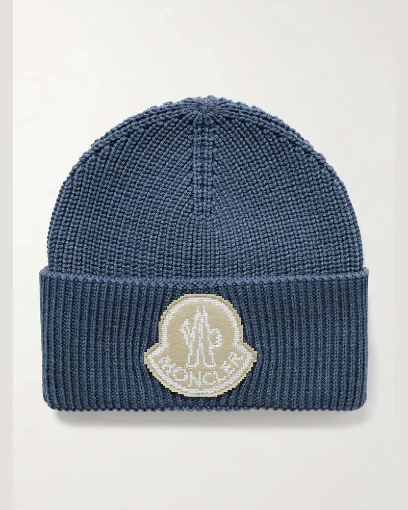 Moncler Beanie aus Schurwolle in Rippstrick mit Logoapplikation Blau