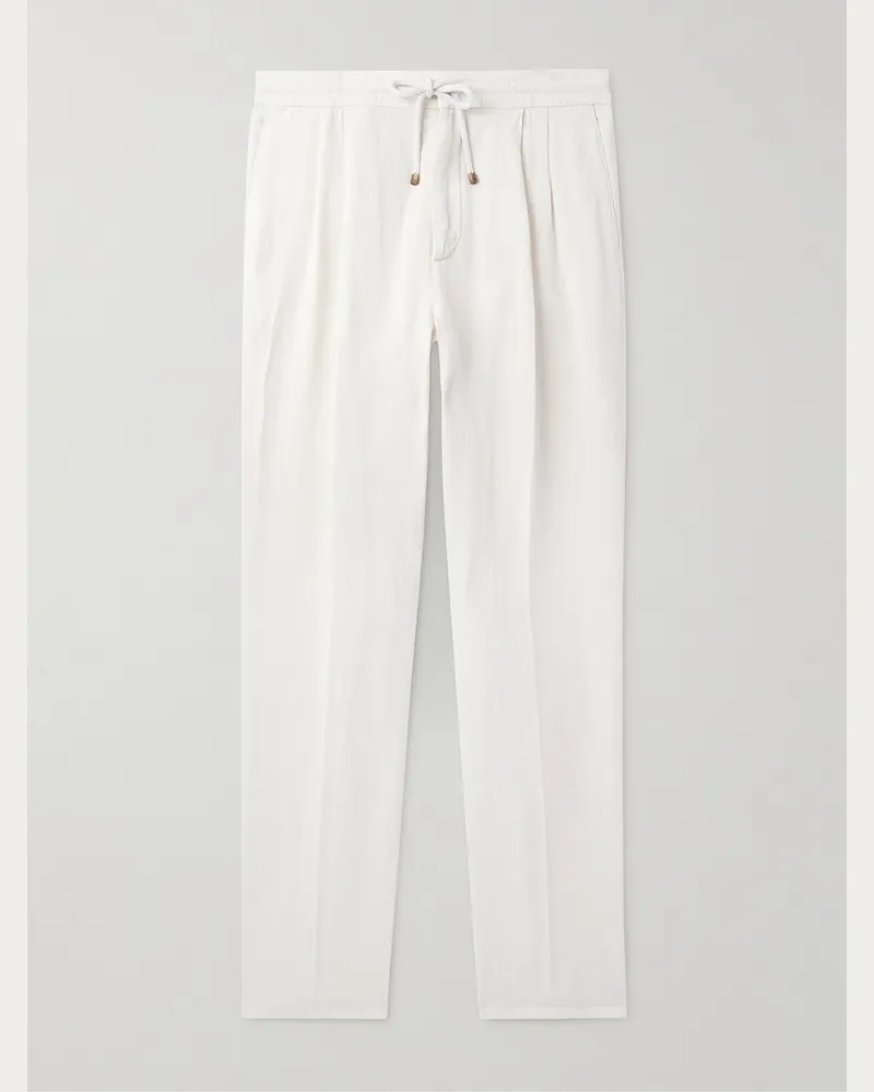 Brunello Cucinelli Gerade geschnittene Hose aus Leinen-Twill mit Kordelzugbund und Falten Weiß