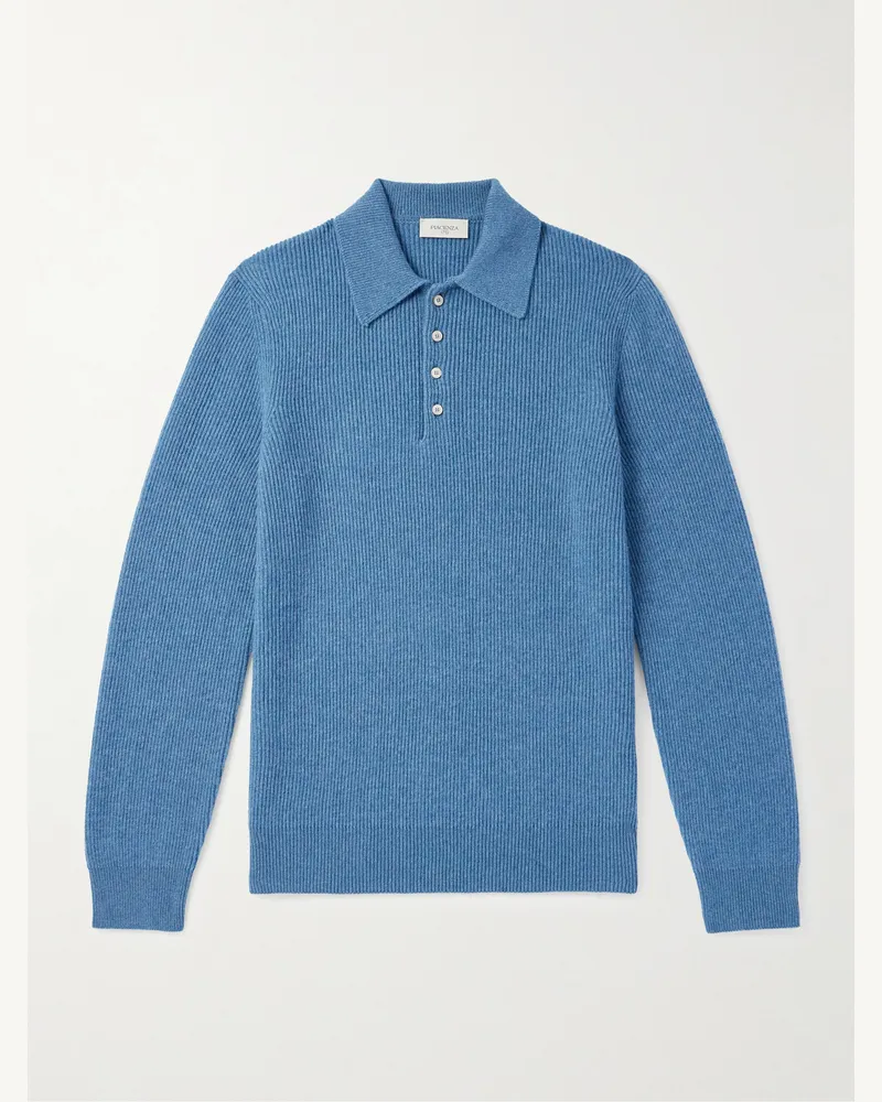 PIACENZA 1733 Schmal geschnittener Pullover aus Kaschmir in Rippstrick mit Polokragen Blau