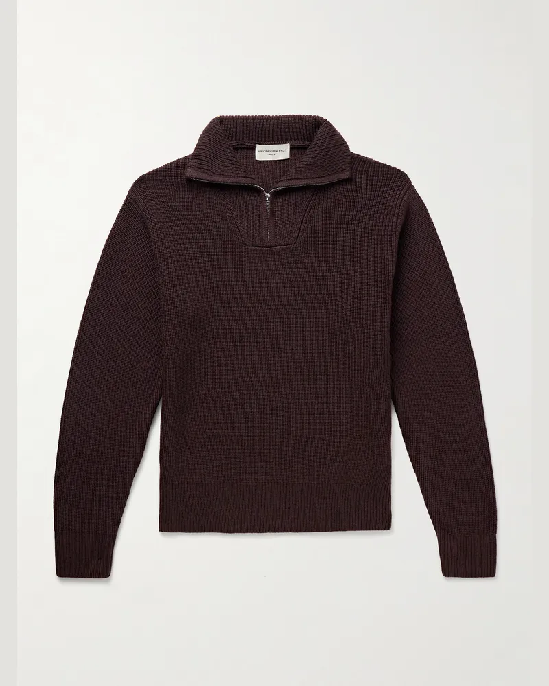 Officine Generale Tarek Pullover aus Merinowolle in Rippstrick mit kurzem Reißverschluss Braun