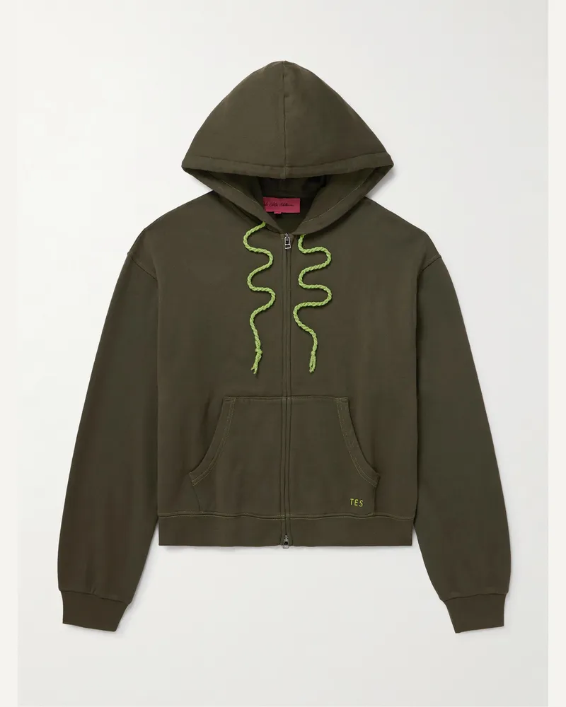 The Elder Statesman Embroidered Cotton and Cashmere-Blend Jersey Zip-Up Hoodie Green
