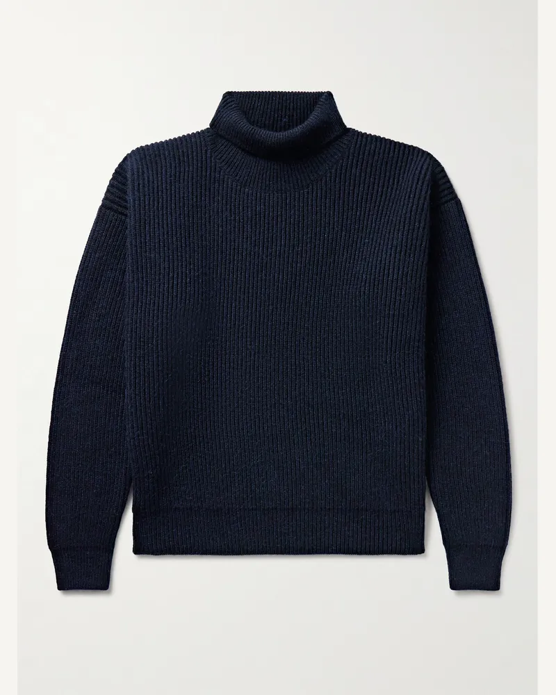 Loro Piana Rollkragenpullover aus einer Kaschmir-Mohairmischung in Rippstrick Blau