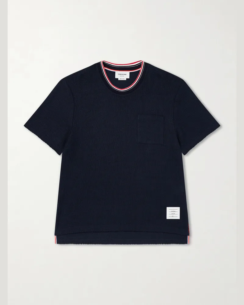 Thom Browne Pointelle-Knit Cotton and Linen-Blend T-Shirt Blue