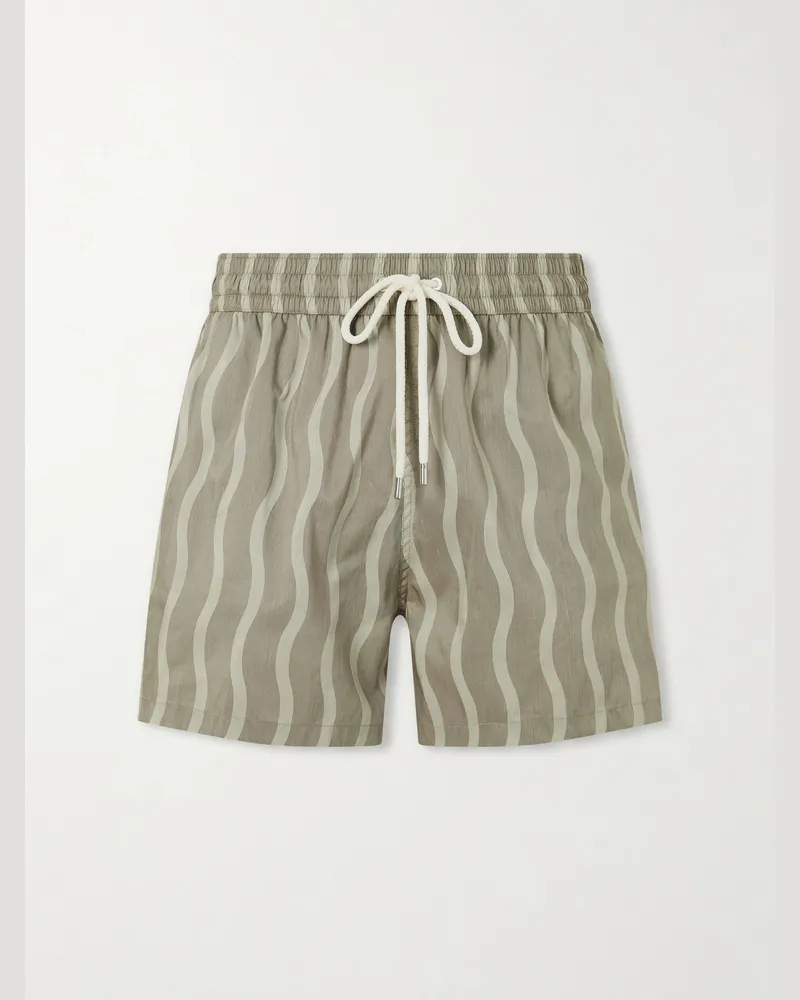 Frescobol Carioca Rio Linen Blend Cabana Wave -Print Swim Short Green