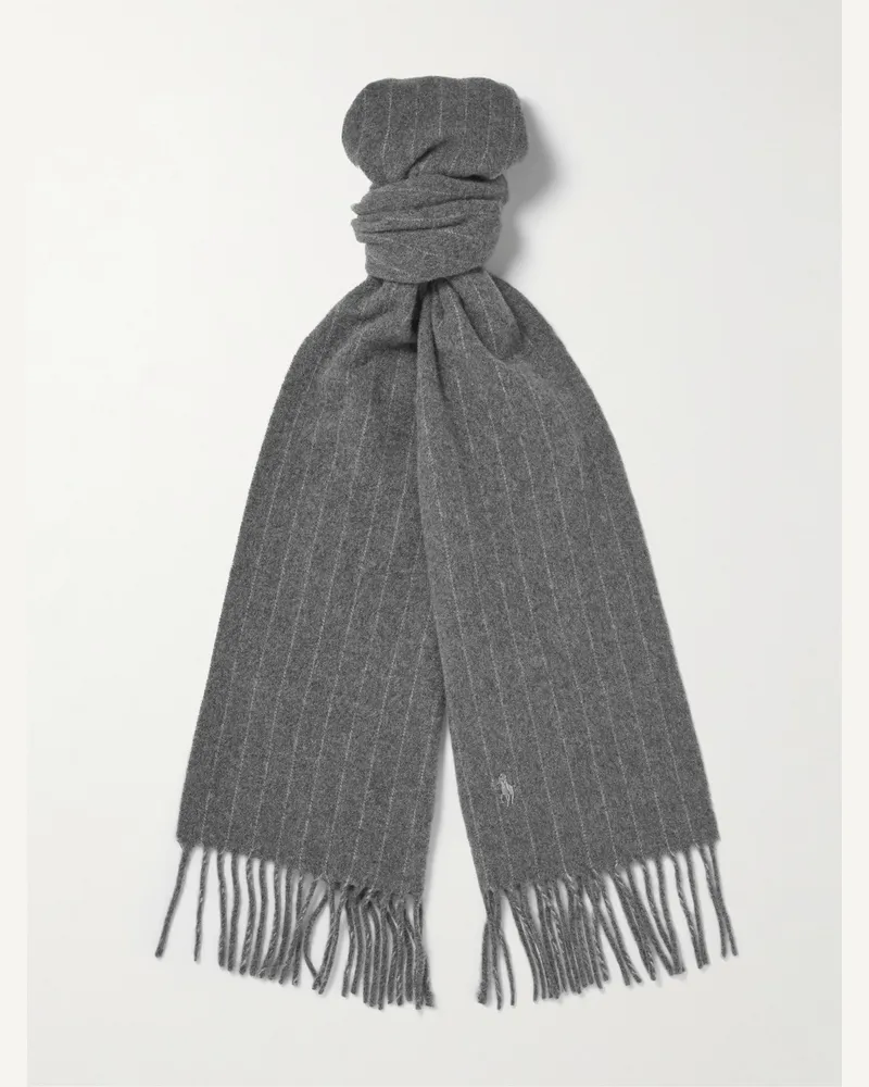 Ralph Lauren Schal aus einer Kaschmir-Wollmischung mit Nadelstreifen, Logostickerei und Fransen Grau