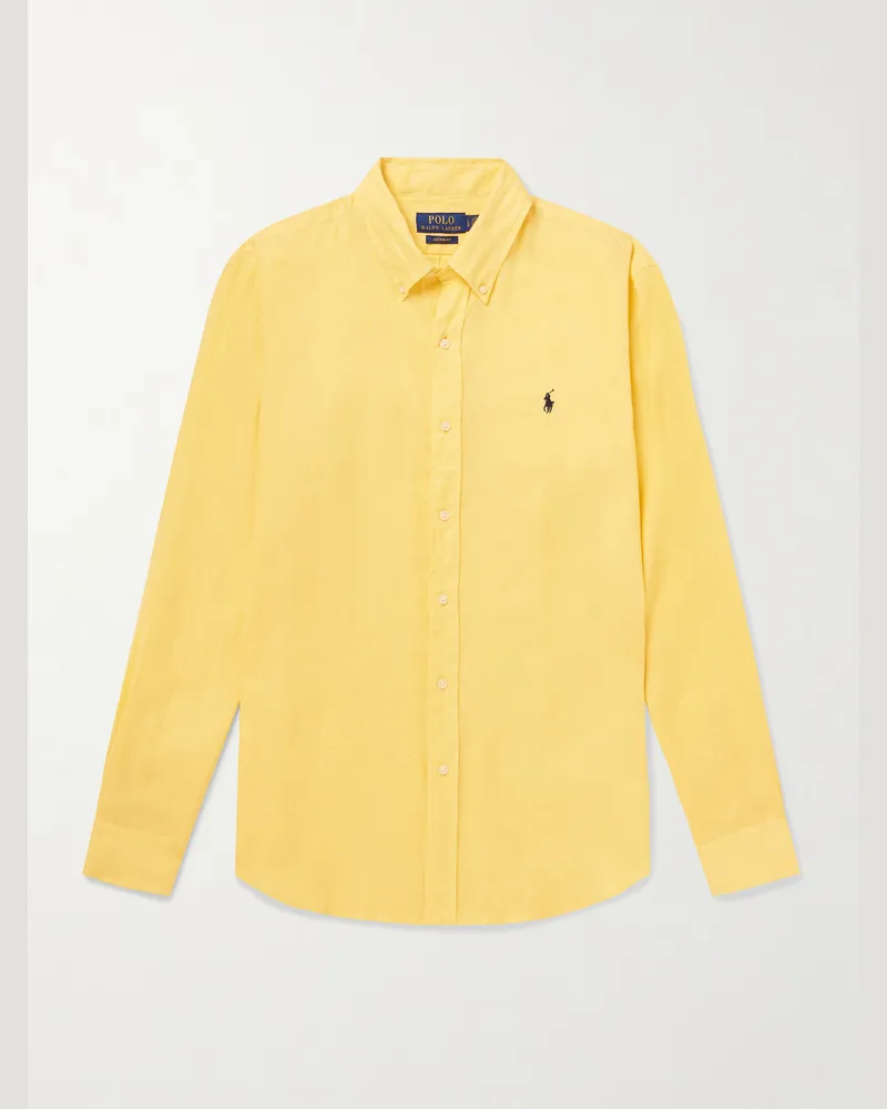 Ralph Lauren Hemd aus Leinen mit Logostickerei und Button-Down-Kragen Gelb