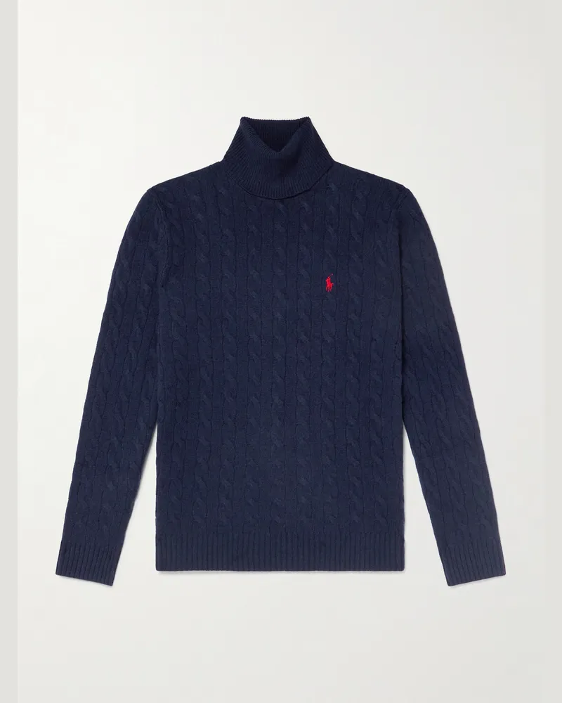 Ralph Lauren Logo-Embroidered Cable-Knit Wool and Cashmere-Blend Rollneck Sweater Blue