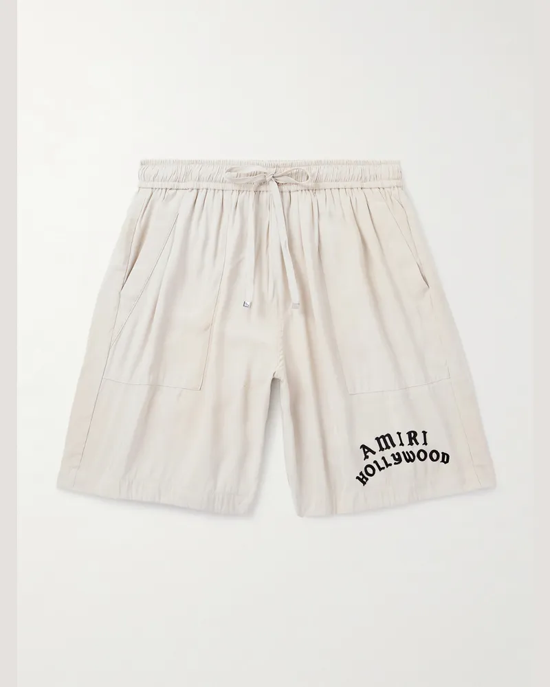Amiri Hollywood Straight-Leg Logo-Flocked Modal-Blend Drawstring Shorts Neutrals