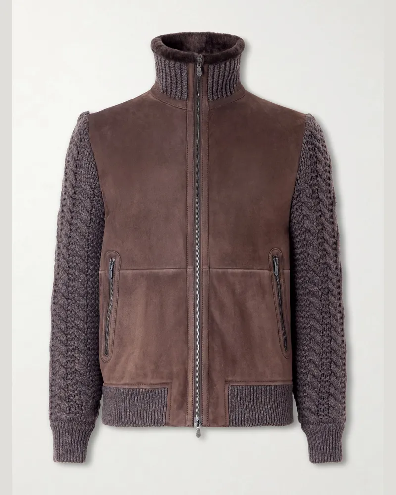 Brunello Cucinelli Shearling and Cable-Knit Cashmere Jacket Brown