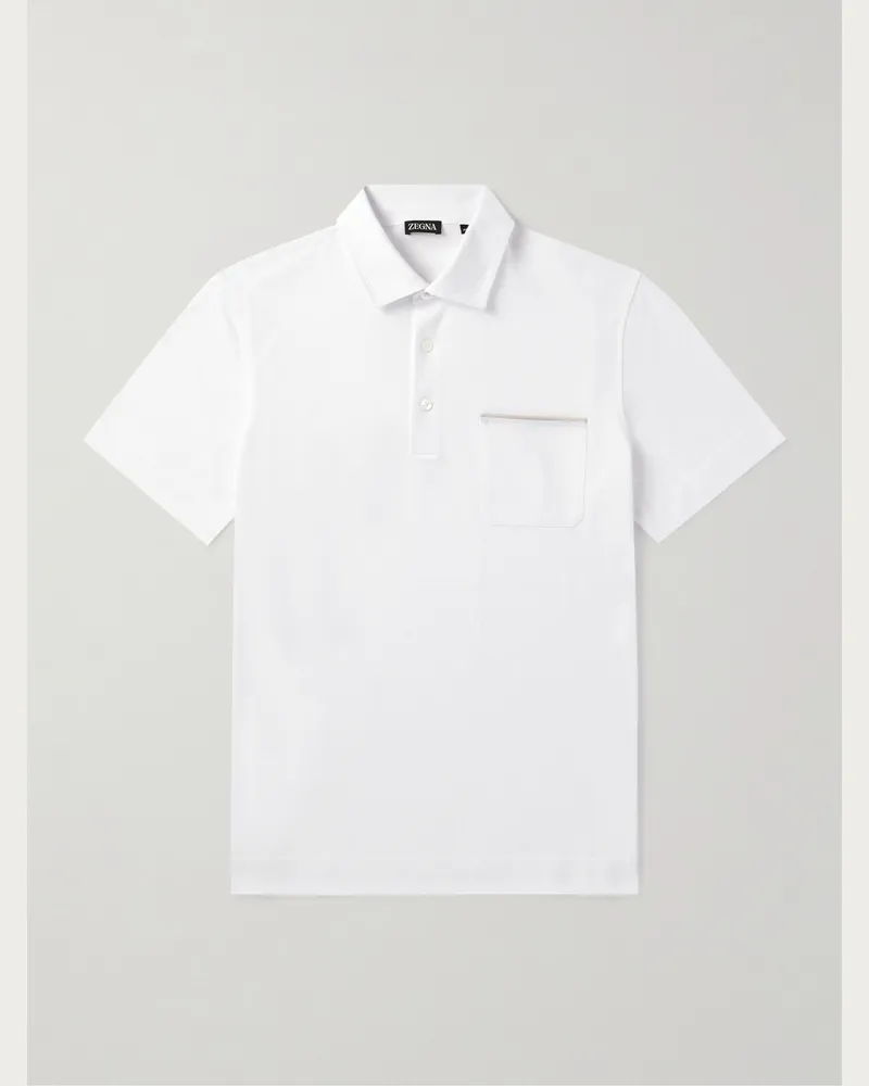 Ermenegildo Zegna Polohemd aus Baumwoll-Piqué mit Lederbesatz Weiß