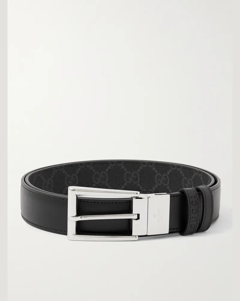 Gucci 3.5cm Reversible Monogrammed Coated-Canvas and Leather Belt Black