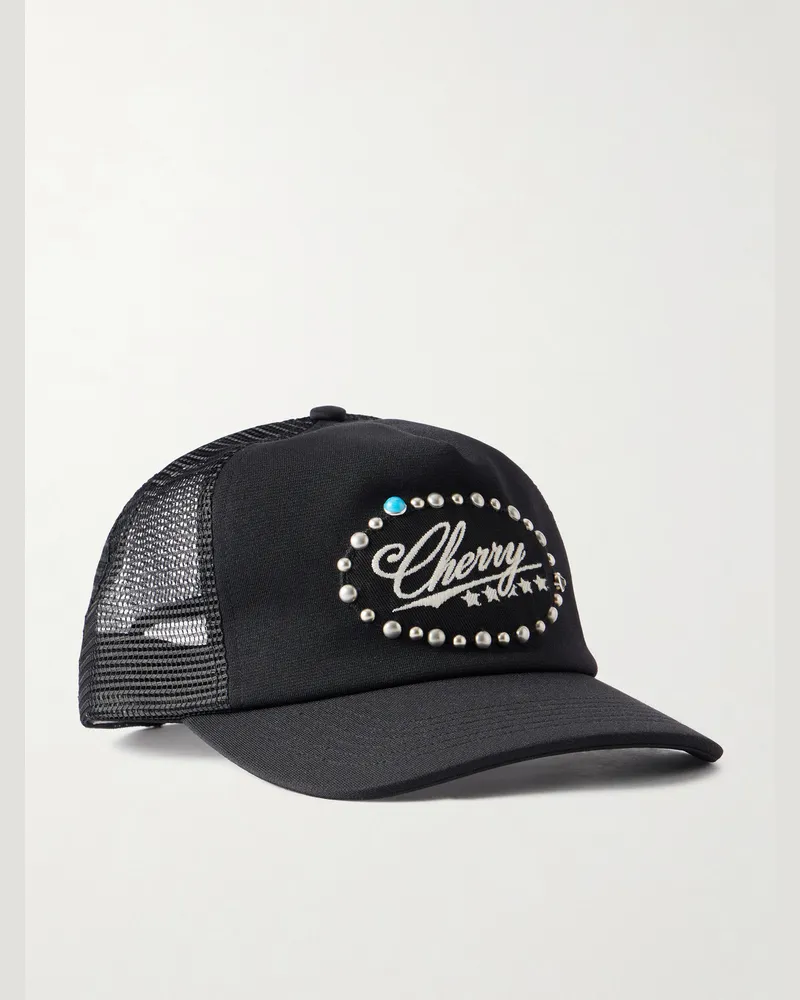 Cherry Los Angeles 6 Star Logo-Embroidered Studded Canvas and Mesh Baseball Cap Black