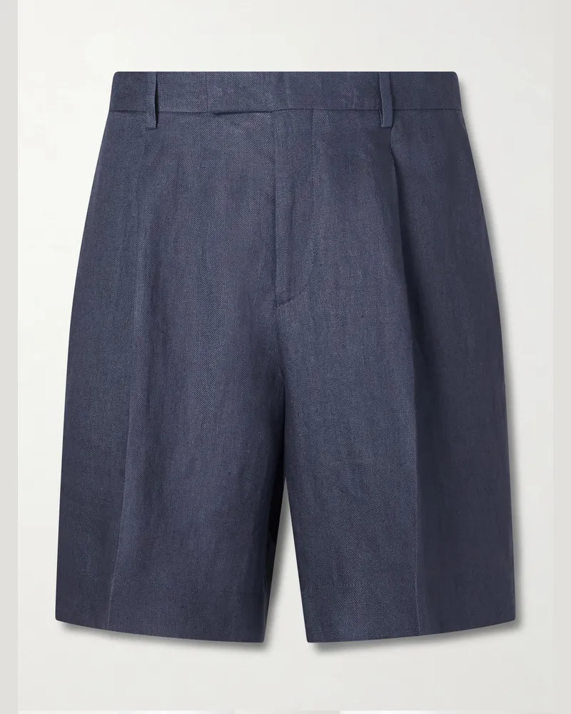 LARDINI Straight-Leg Pleated Linen-Twill Shorts Blue