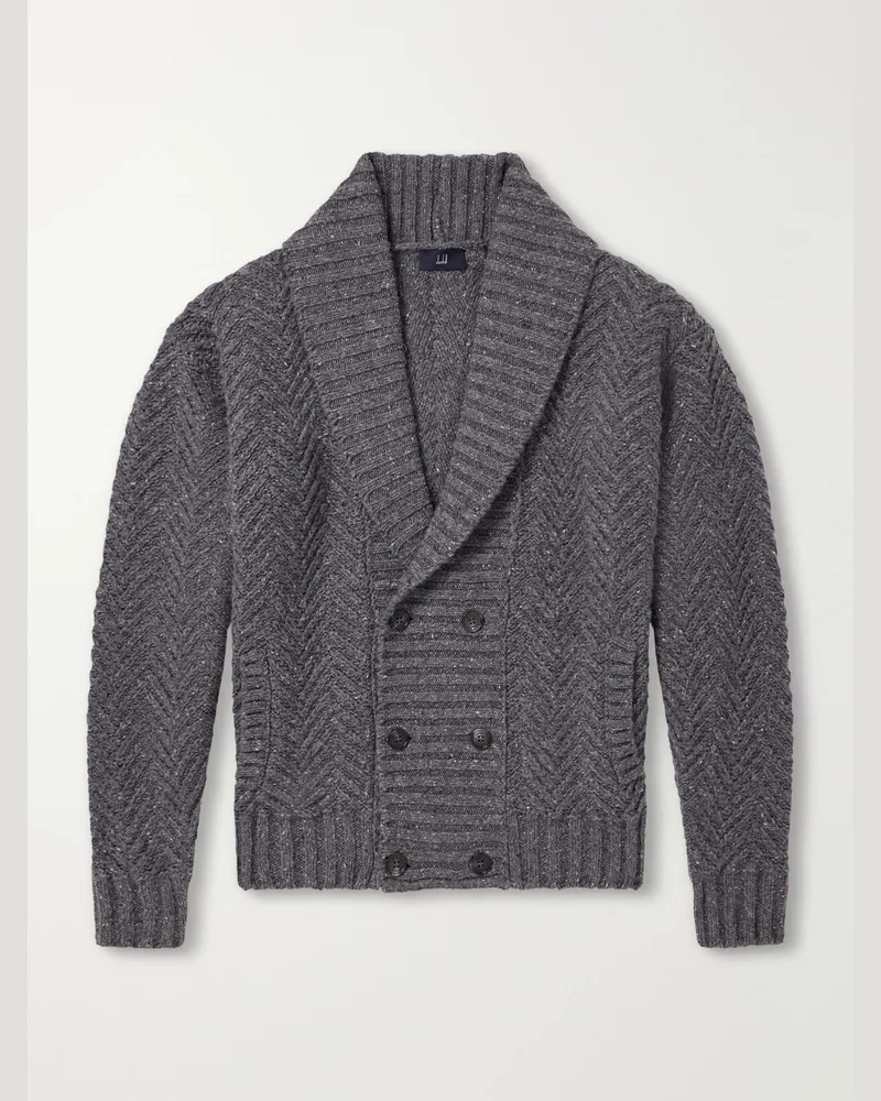 Dunhill Double-Breasted Chevron-Knit Cashmere Cardigan Gray
