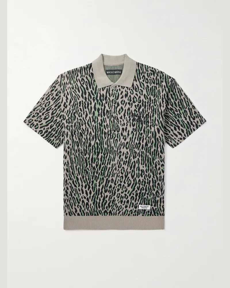 Wacko Maria Logo-Embroidered Leopard Cotton-Jacquard Polo Shirt Gray