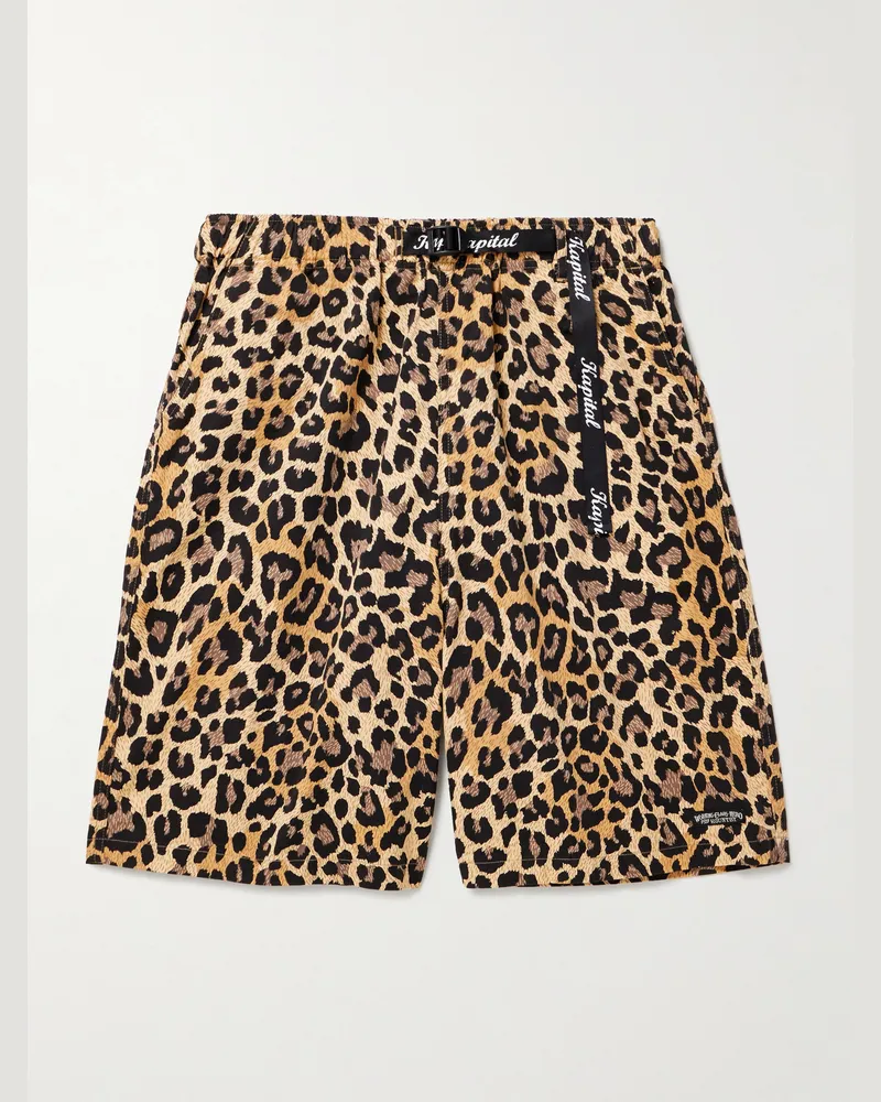 KAPITAL Easy weit geschnittene Shorts aus Baumwoll-Twill mit Leopardenprint und Gürtel Braun