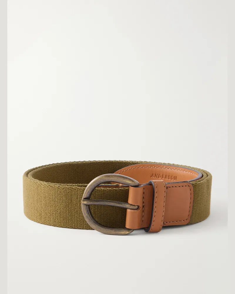 Anderson & Sheppard 3.5cm Leather-Trimmed Woven Belt Green