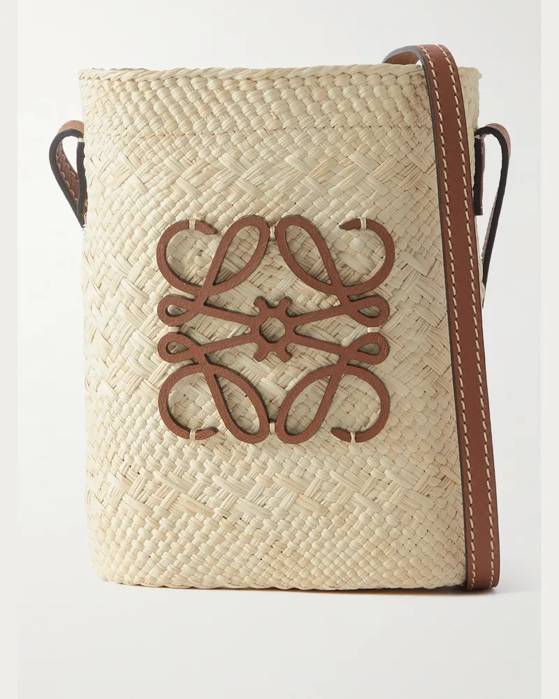 Loewe Paula's Ibiza Leather-Trimmed Raffia Bucket Bag Neutrals