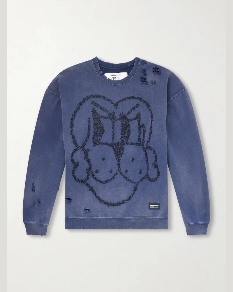 Neighborhood Chito Savage Distressed Embroidered Cotton-Jersey Sweatshirt Blue